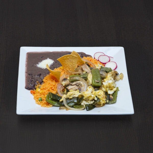 HUEVOS A LAS MARGARITAS (Eggs w/Poblano Peppers Onions and Mushrooms)